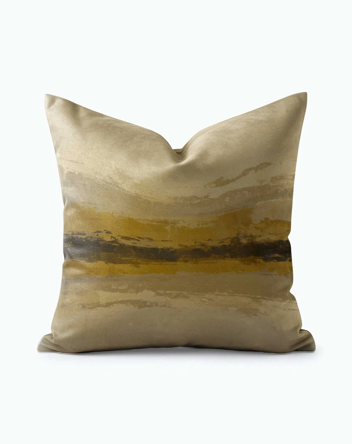 Golden Brown Landscape Throw Pillow with watercolor sunset stripes in amber, taupe, and dark brown