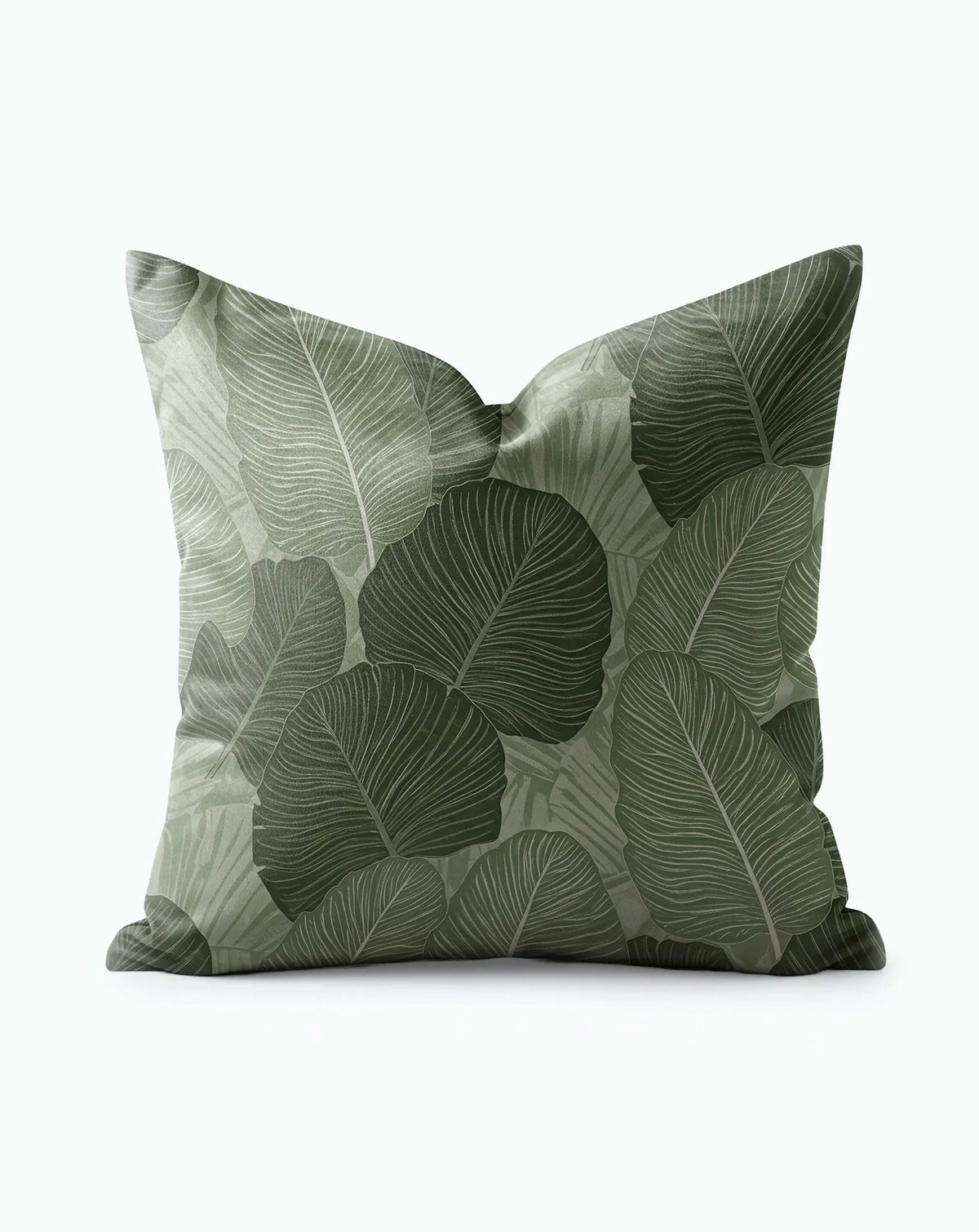 Jungle Leaves Velvet Shimmer Throw Pillow with large-scale tropical leaf pattern in deep and sage green