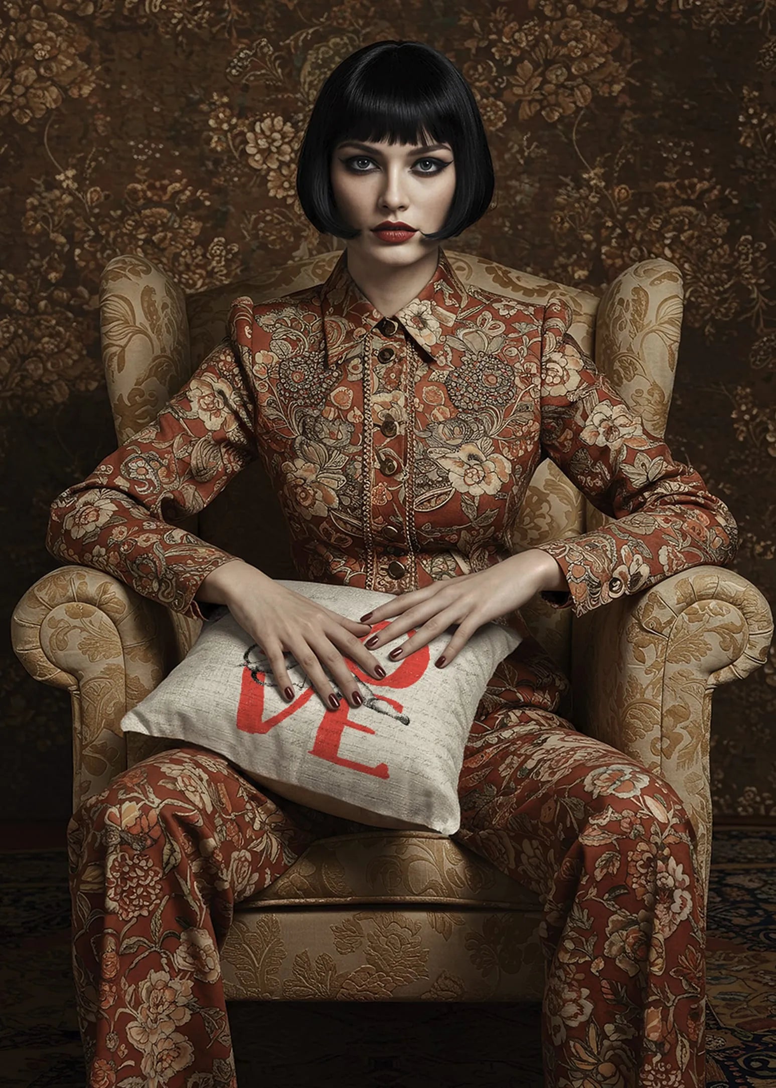 Woman in vintage floral suit sitting on ornate armchair, holding beige Buffalo Bunny pillow with bold red “LOVE” text in moody, patterned setting.