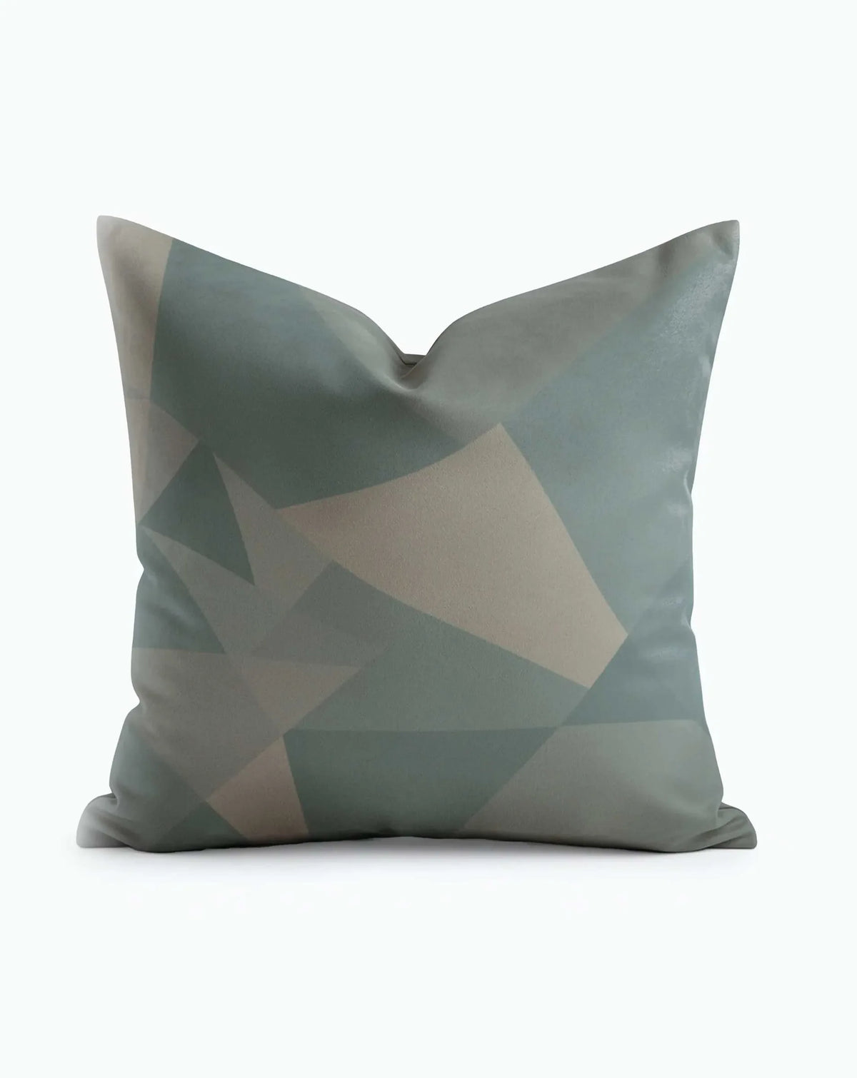 Mist Reverie Mosaic Throw Pillow with large geometric triangles in muted sage and warm taupe
