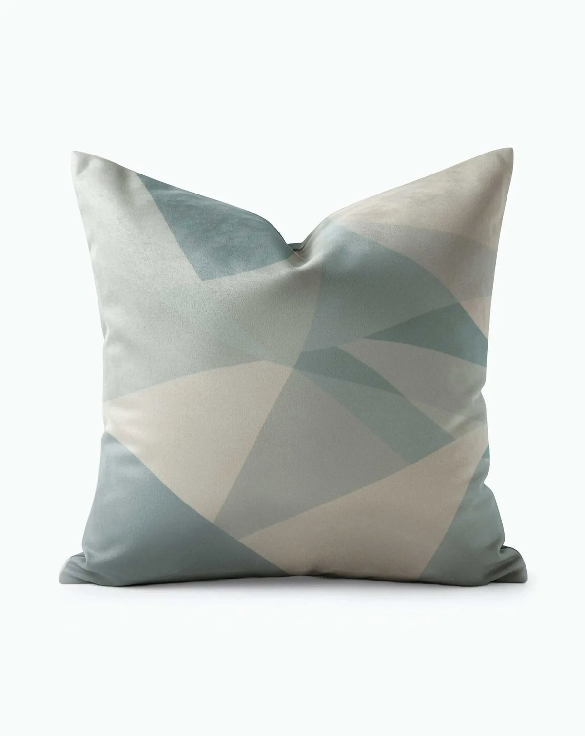 Mist Reverie Mosaic Throw Pillow with large-scale geometric triangles in soft teal and warm beige