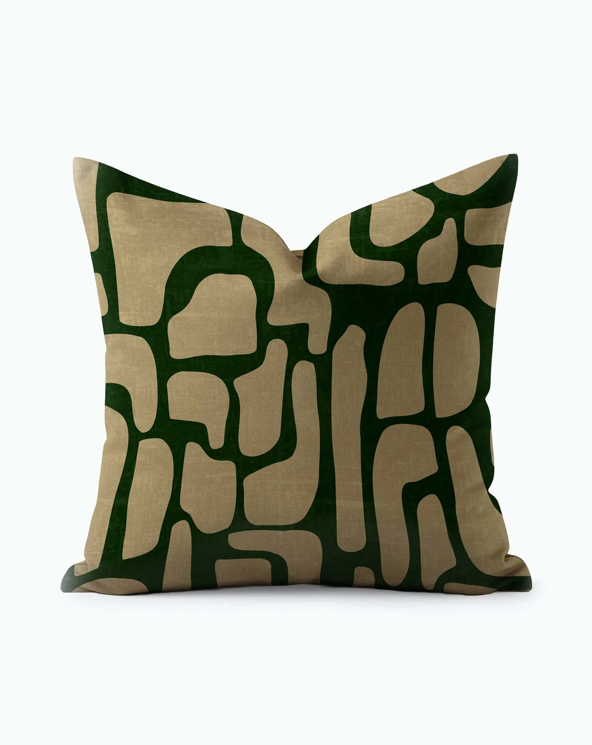 Moss & Stone Throw Pillow with bold dark green abstract stone-like shapes on tan