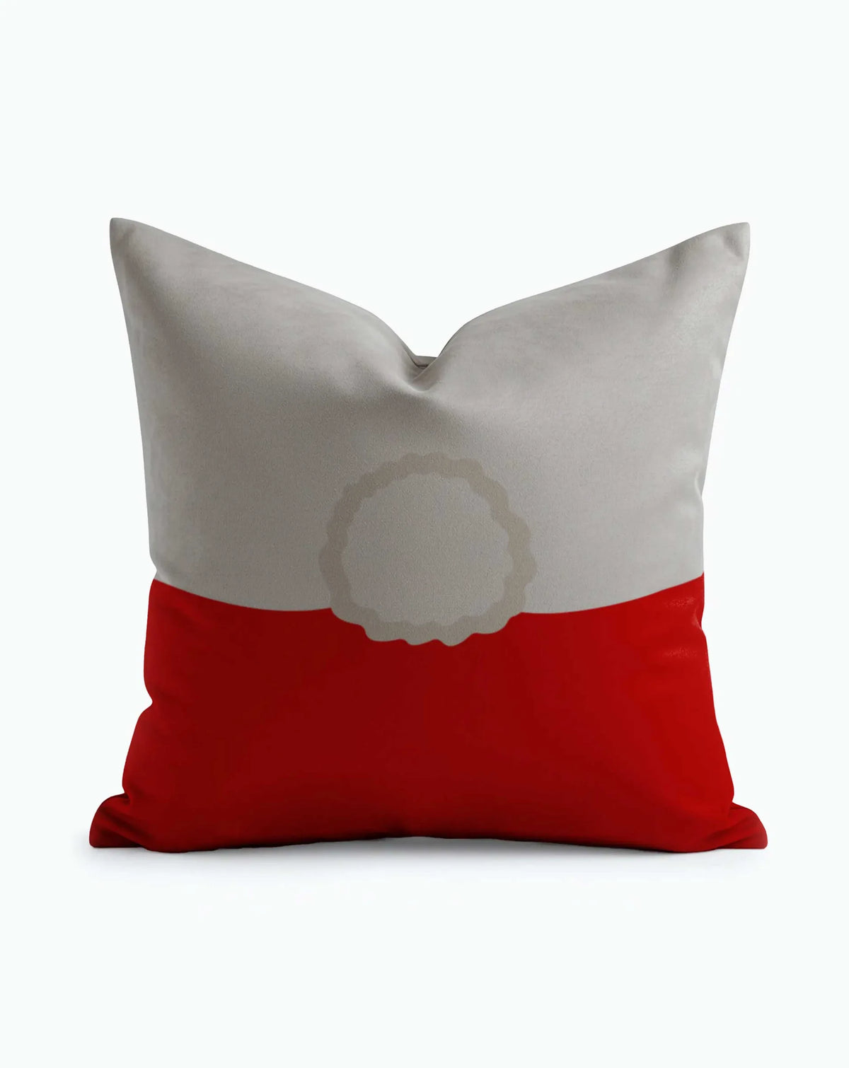 Mrs. Claus Festive Christmas Throw Pillow with red and white color-block design, scalloped circle motif