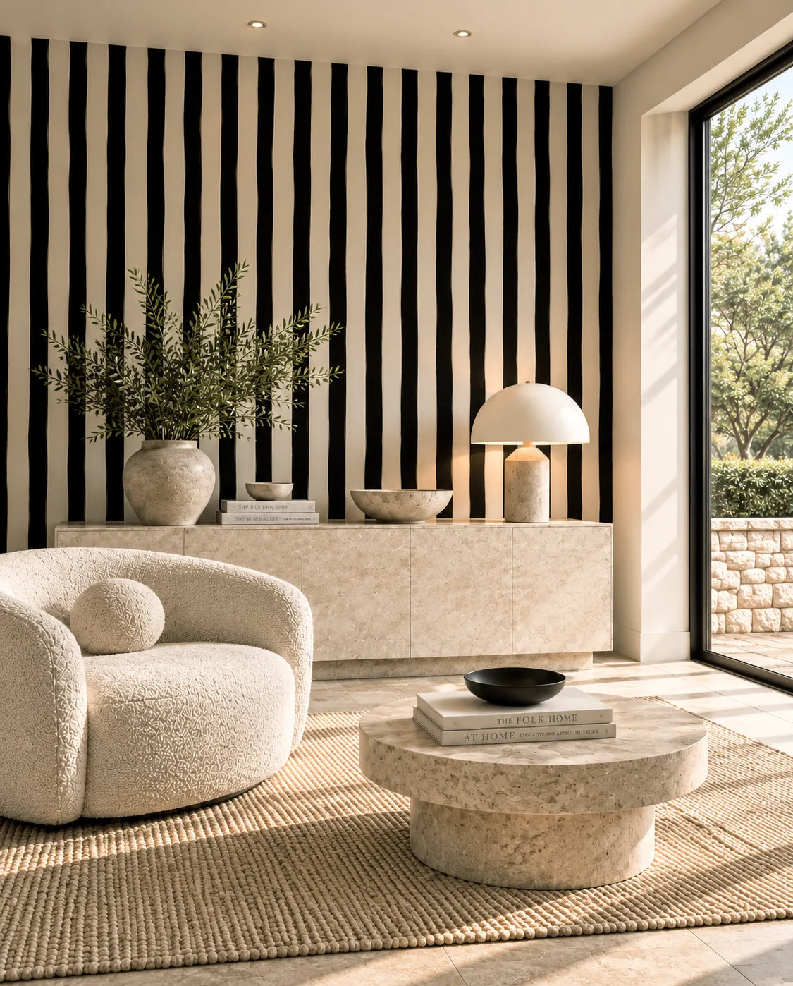 Painted-Tuxedo wallpaper with bold black vertical stripes on cream wall behind stone sideboard and bouclé chair