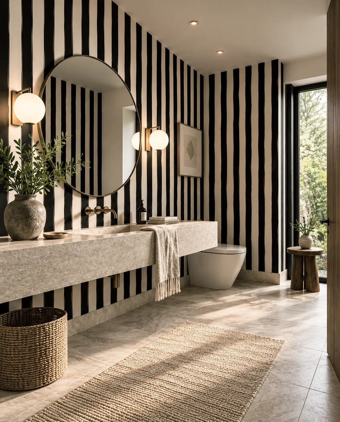 Painted-Tuxedo wallpaper with bold black and cream vertical stripes in a marble-sink bathroom