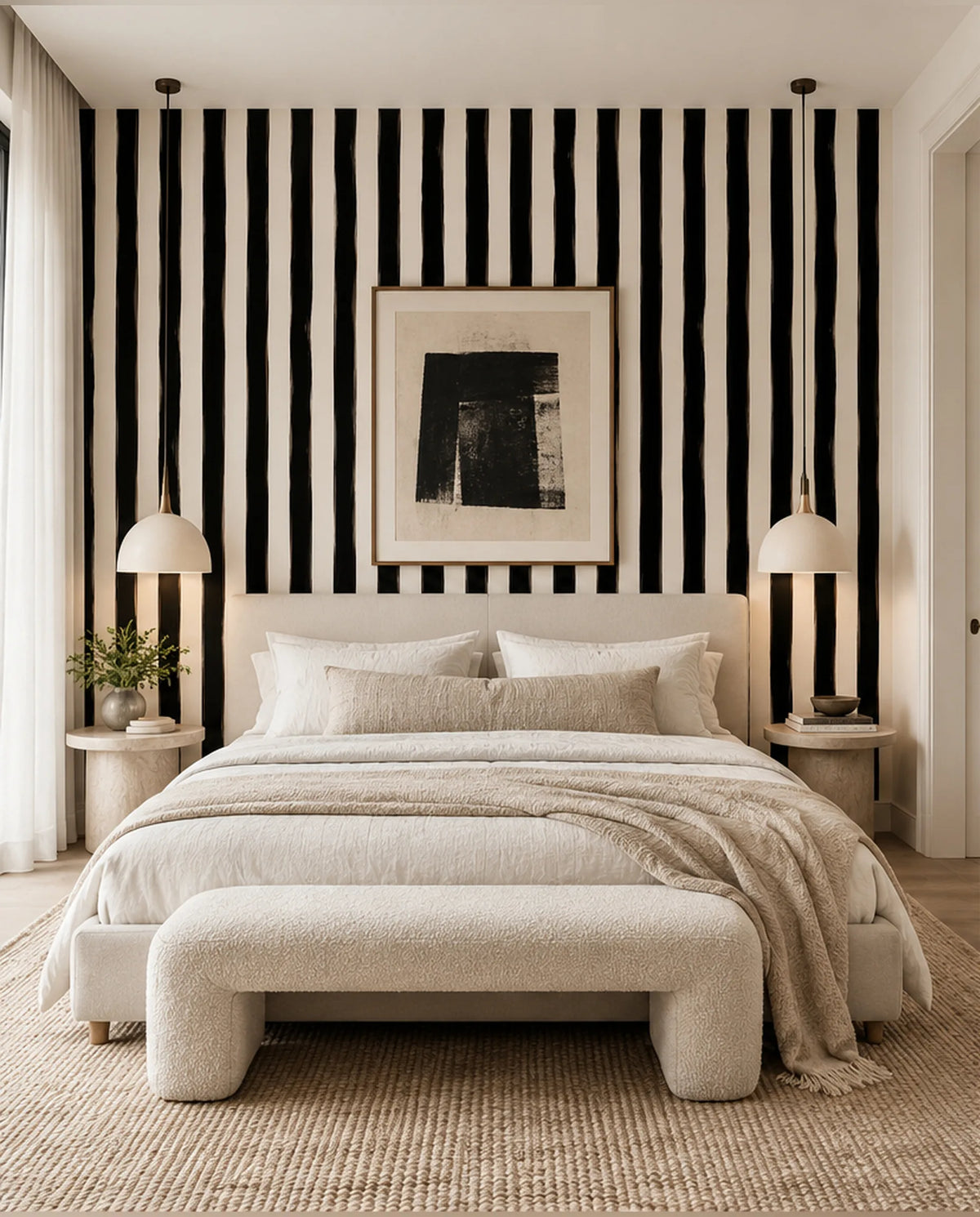 Painted-Tuxedo wallpaper accent wall with bold black vertical stripes behind a neutral bed