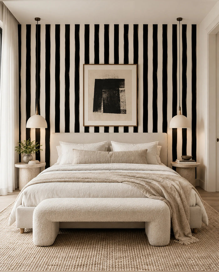 Painted-Tuxedo wallpaper accent wall with bold black vertical stripes behind a neutral bed