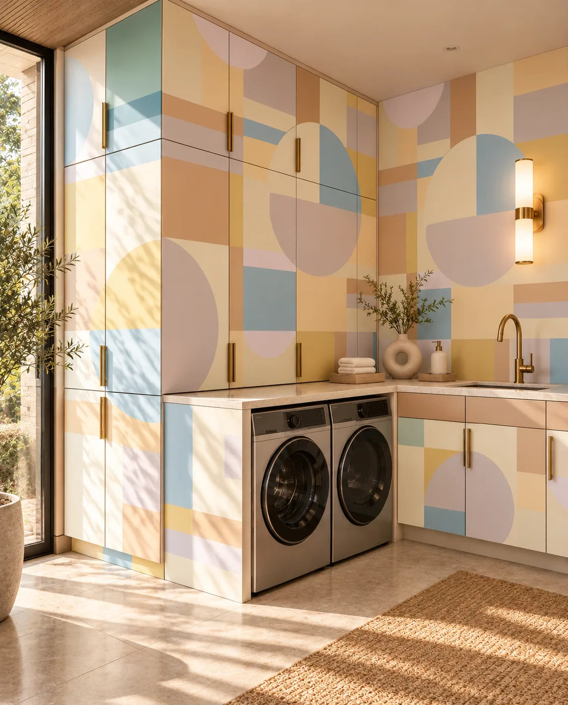 Pastel Modernist Mural Wallpaper with bold circles and color blocks in a sunny laundry room with brass fixtures
