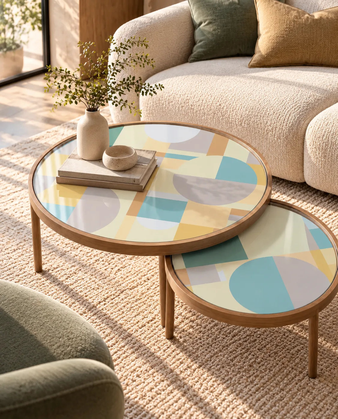 Pastel Modernist Mural Wallpaper displayed under glass on round nesting coffee tables beside a cream boucle sofa