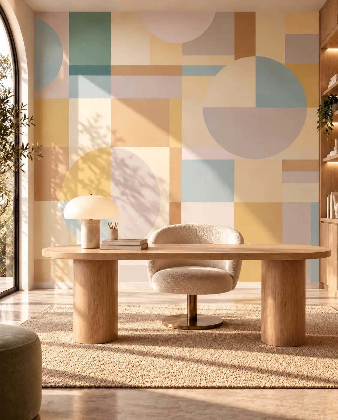 Pastel Modernist Mural Wallpaper behind a wood desk with bouclé chair in a sun-lit workspace