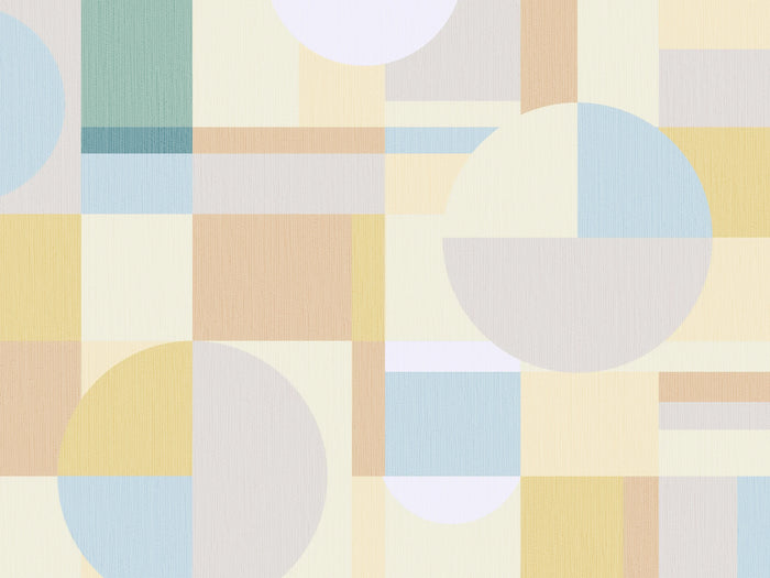 Pastel Modernist Mural Wallpaper flat swatch with large circles and geometric blocks in soft pastels