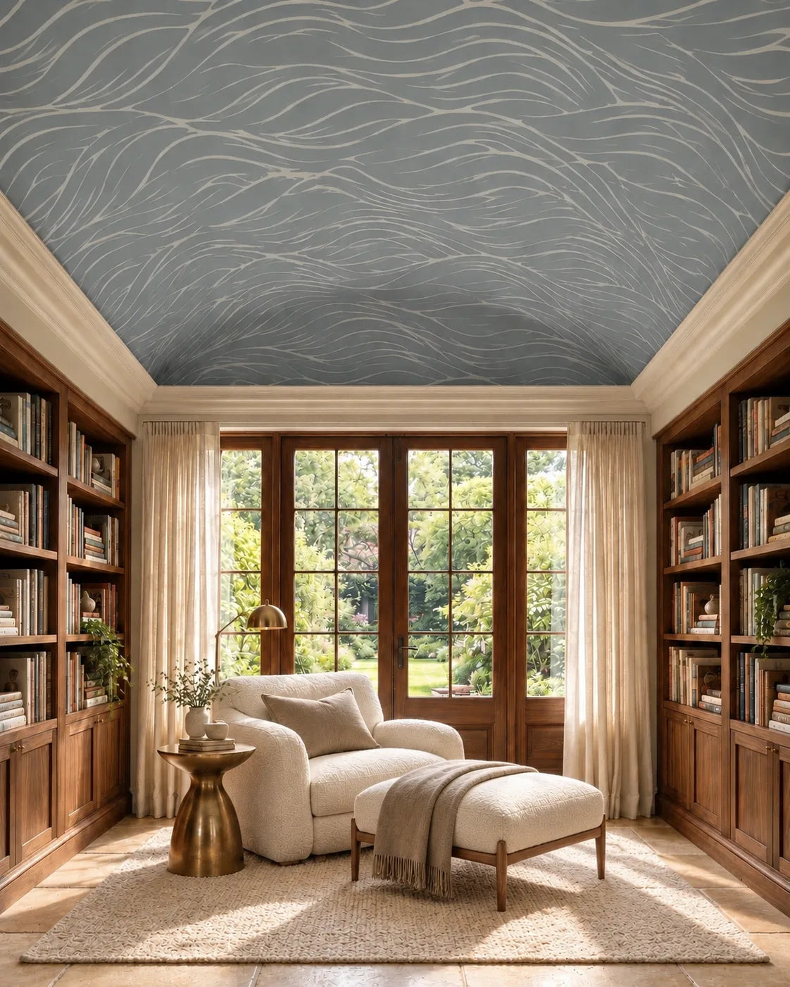 Quiet Current Mural Wallpaper on a vaulted ceiling above wood bookshelves and cream chaise lounge