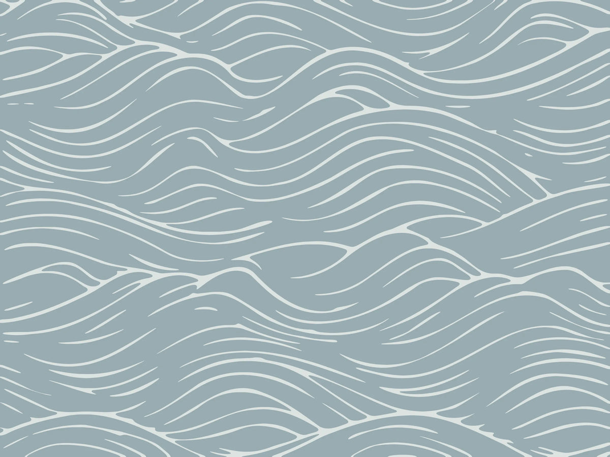 Quiet Current Mural Wallpaper flat swatch with flowing wave lines in soft white on muted blue-grey