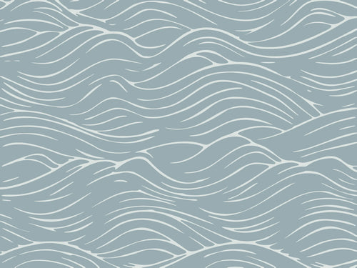 Quiet Current Mural Wallpaper flat swatch with flowing wave lines in soft white on muted blue-grey