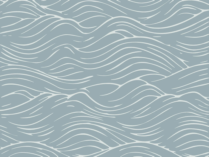 Quiet Current Mural Wallpaper flat swatch with flowing wave lines in soft white on muted blue-grey