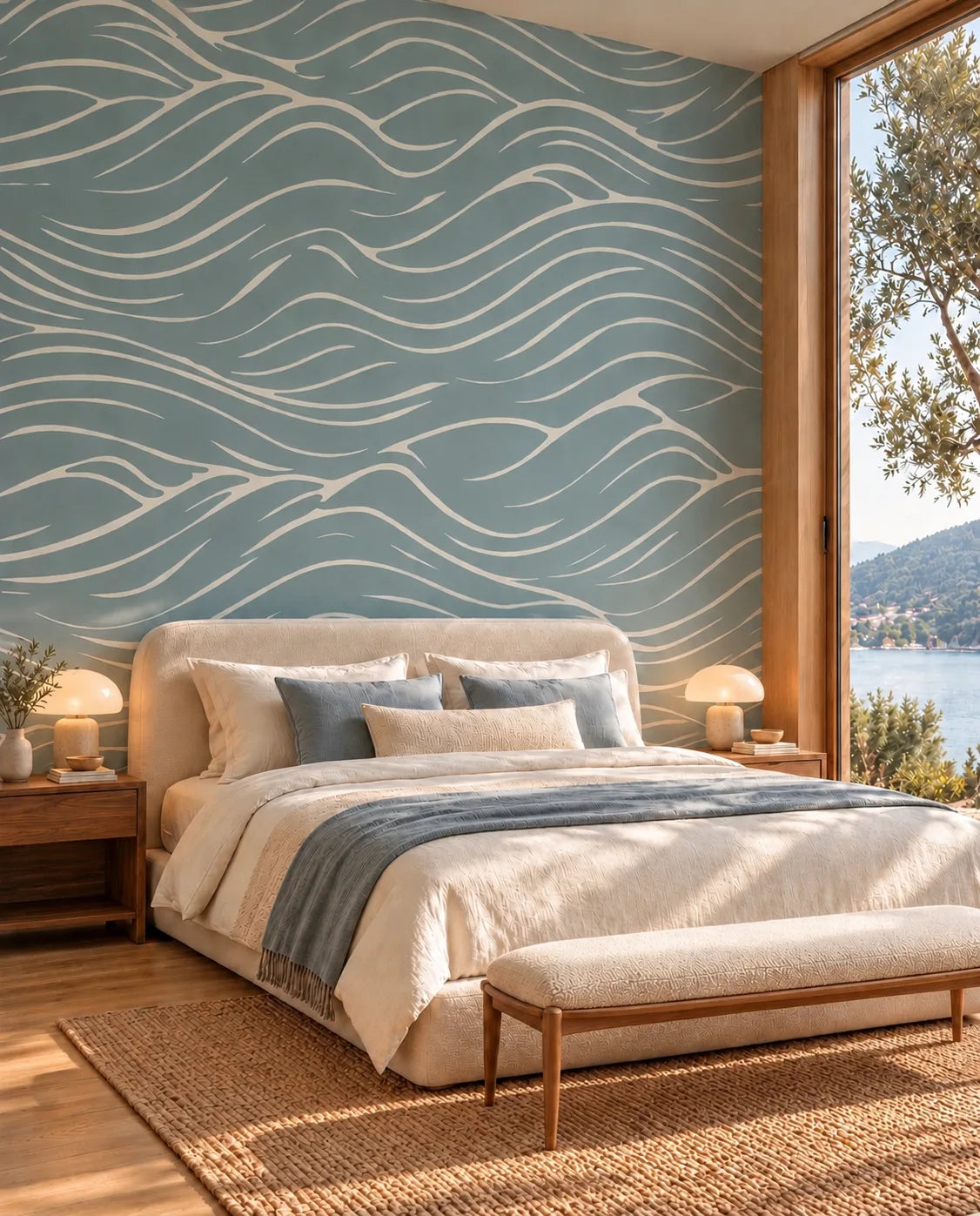 Quiet Current Mural Wallpaper with flowing white wave lines on dusty blue behind a neutral bed