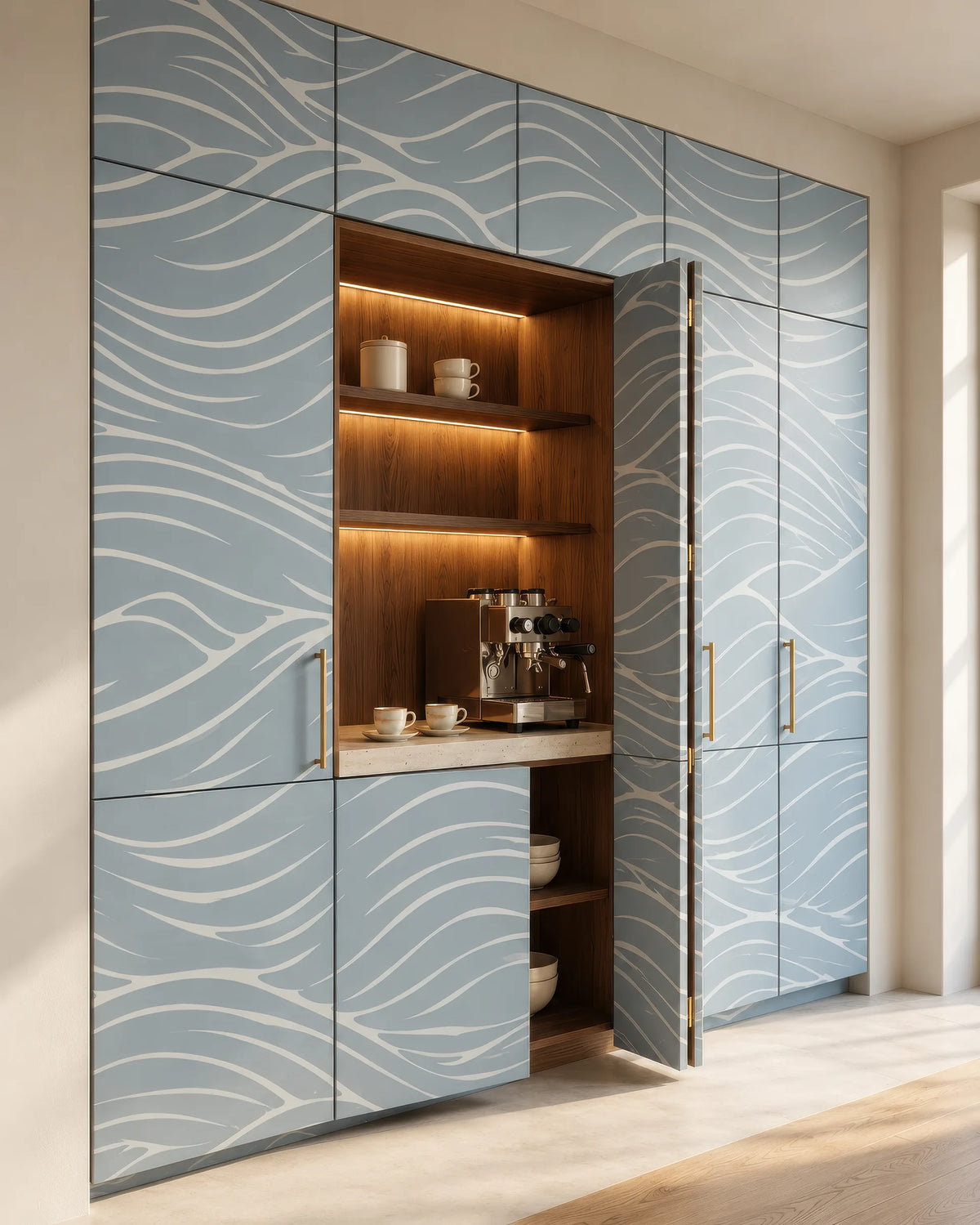 Quiet Current wallpaper on floor-to-ceiling cabinetry with flowing white wave motif on soft blue