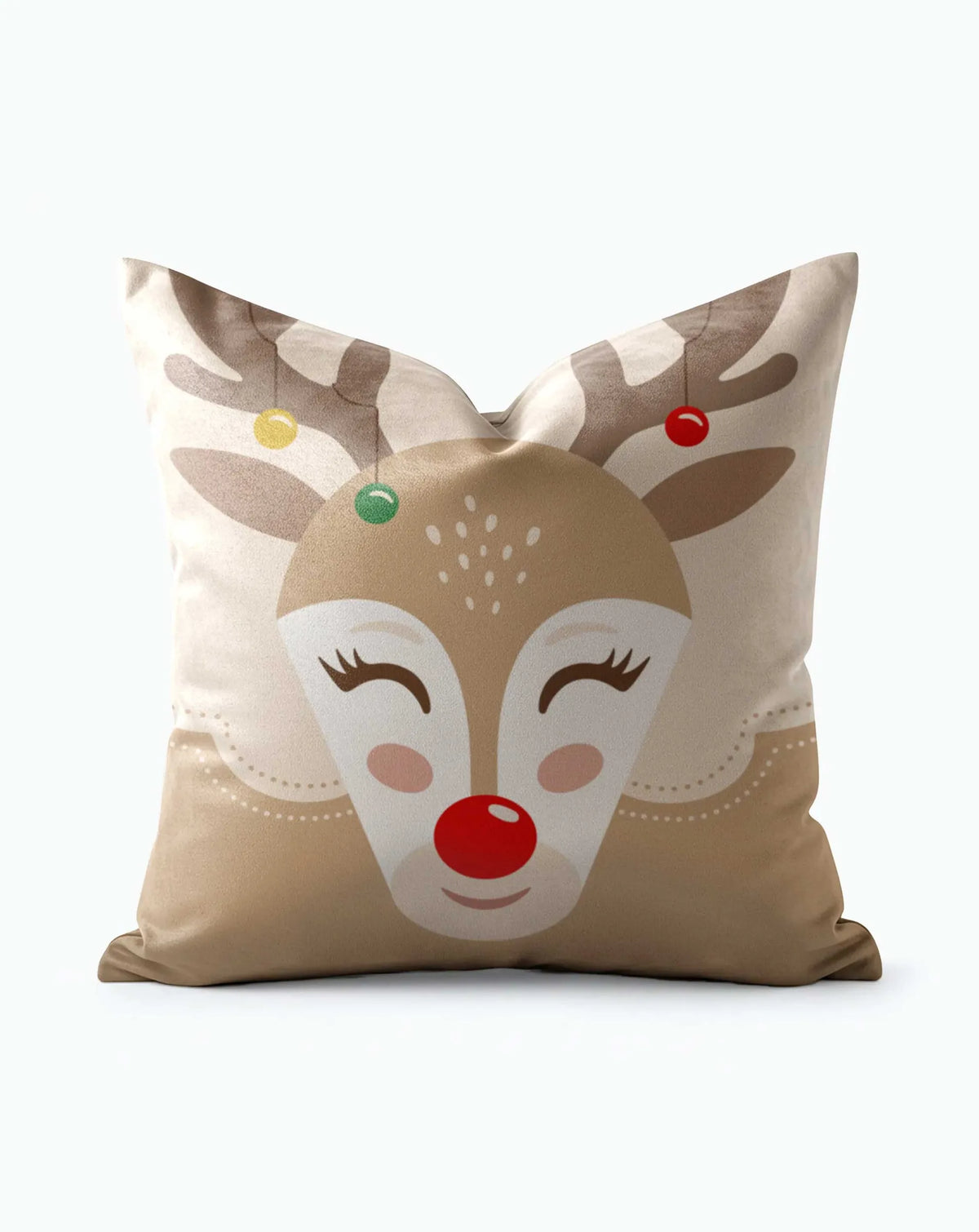 Reindeer Festive Christmas Throw Pillow with smiling red-nosed reindeer face and ornament-adorned antlers