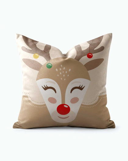 Reindeer Festive Christmas Throw Pillow with smiling red-nosed reindeer face and ornament-adorned antlers