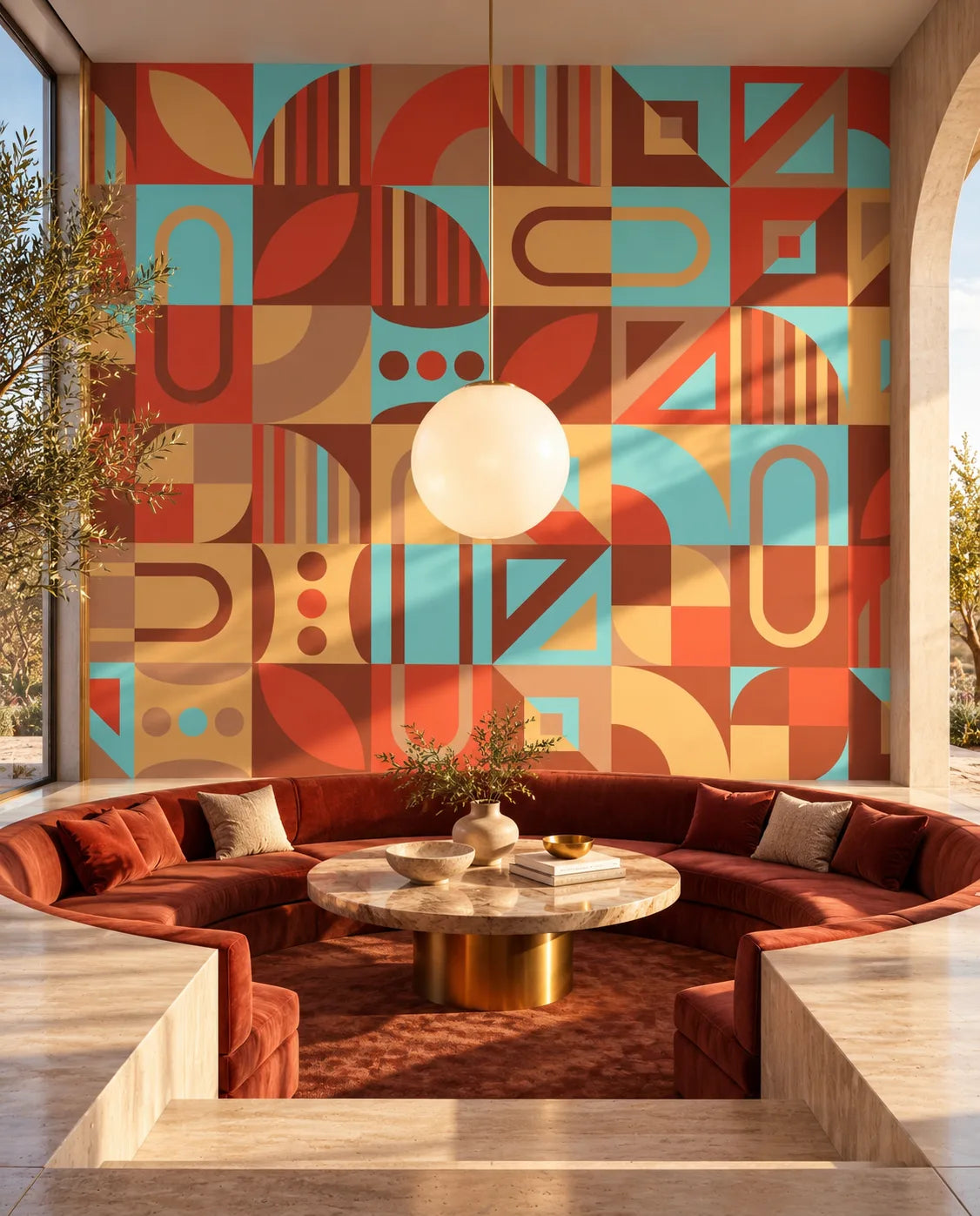 Riviera Rhythm wallpaper behind a sunken circular rust velvet sofa and marble coffee table