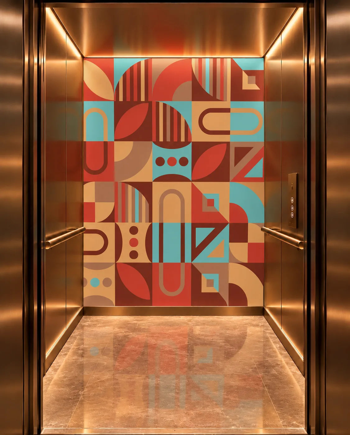 Riviera Rhythm wallpaper with bold retro geometric shapes in terracotta and teal inside a polished bronze elevator