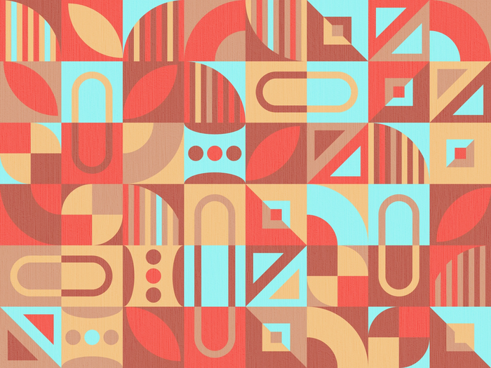 Riviera Rhythm wallpaper flat swatch with retro geometric shapes in coral, aqua, and peach