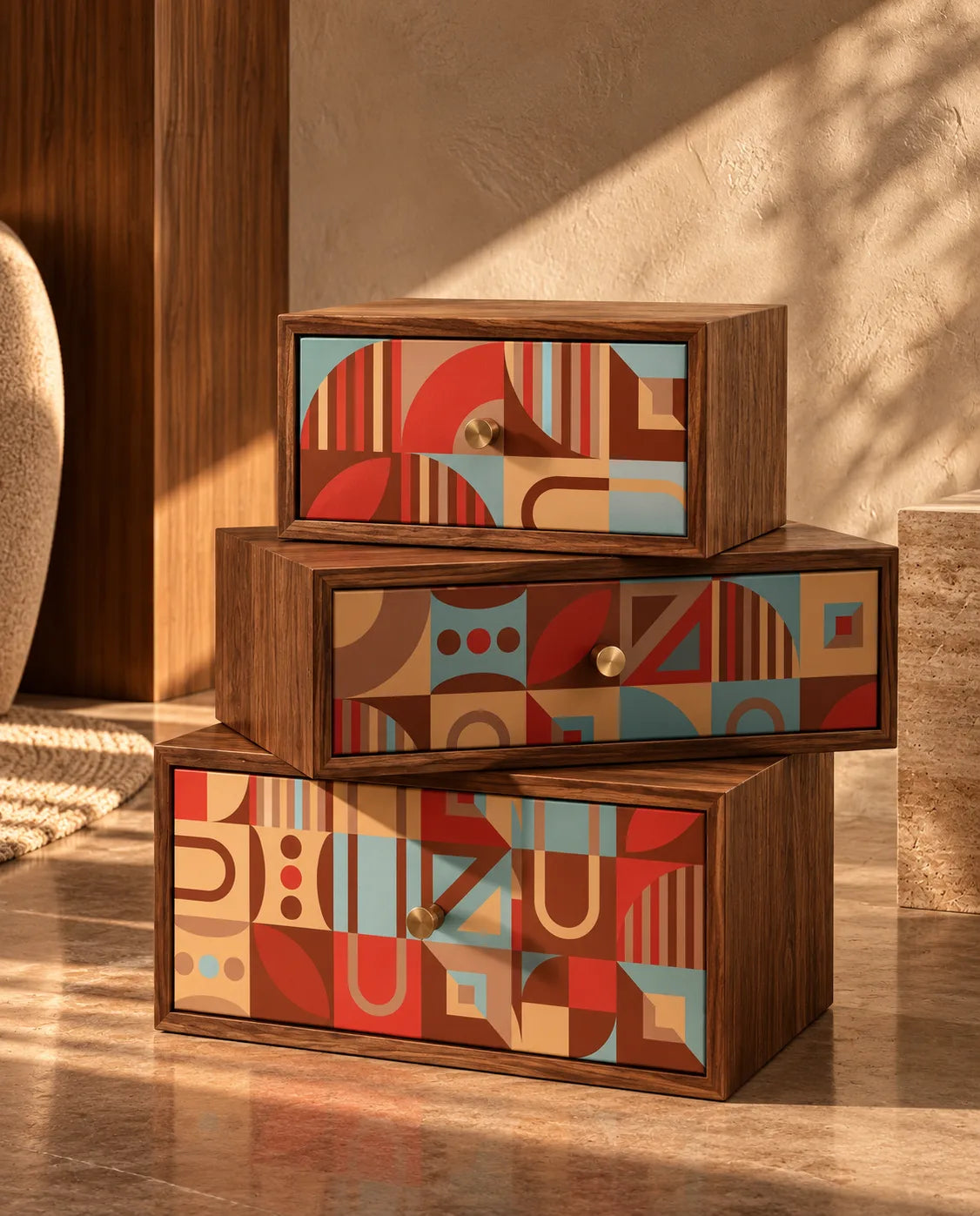Riviera Rhythm geometric pattern on stacked wooden drawers with red, blue, and tan motifs