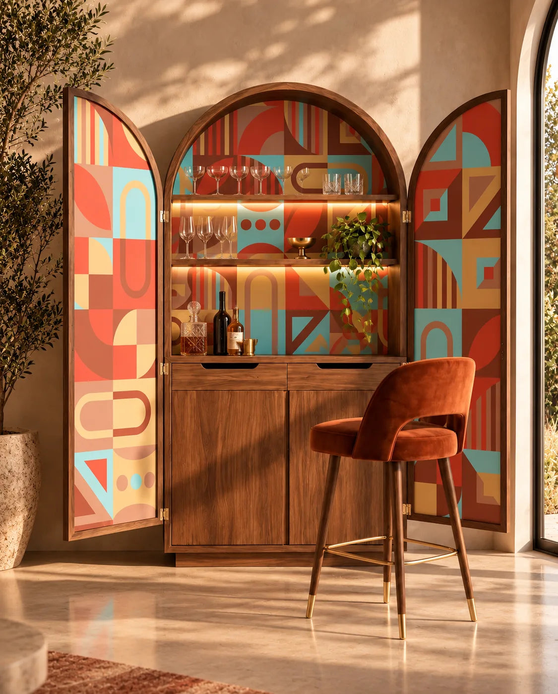 Riviera Rhythm wallpaper lining an arched bar cabinet with bold retro geometric shapes in terracotta, teal, and gold