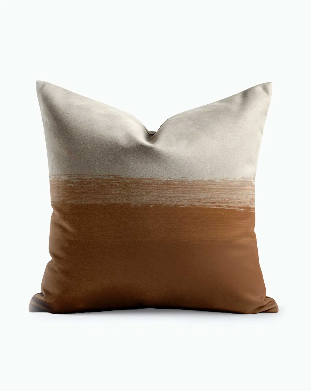 Rustic Brushstroke Ombre Throw Pillow with sandy beige top fading into warm terracotta brown