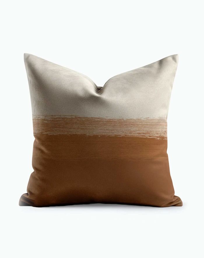 Rustic Brushstroke Ombre Throw Pillow with sandy beige top fading into warm terracotta brown