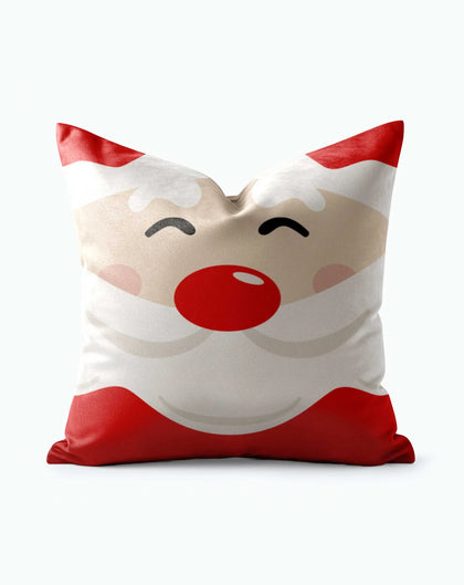 Santa Festive Christmas Throw Pillow with close-up cartoon Santa face, red hat, white beard