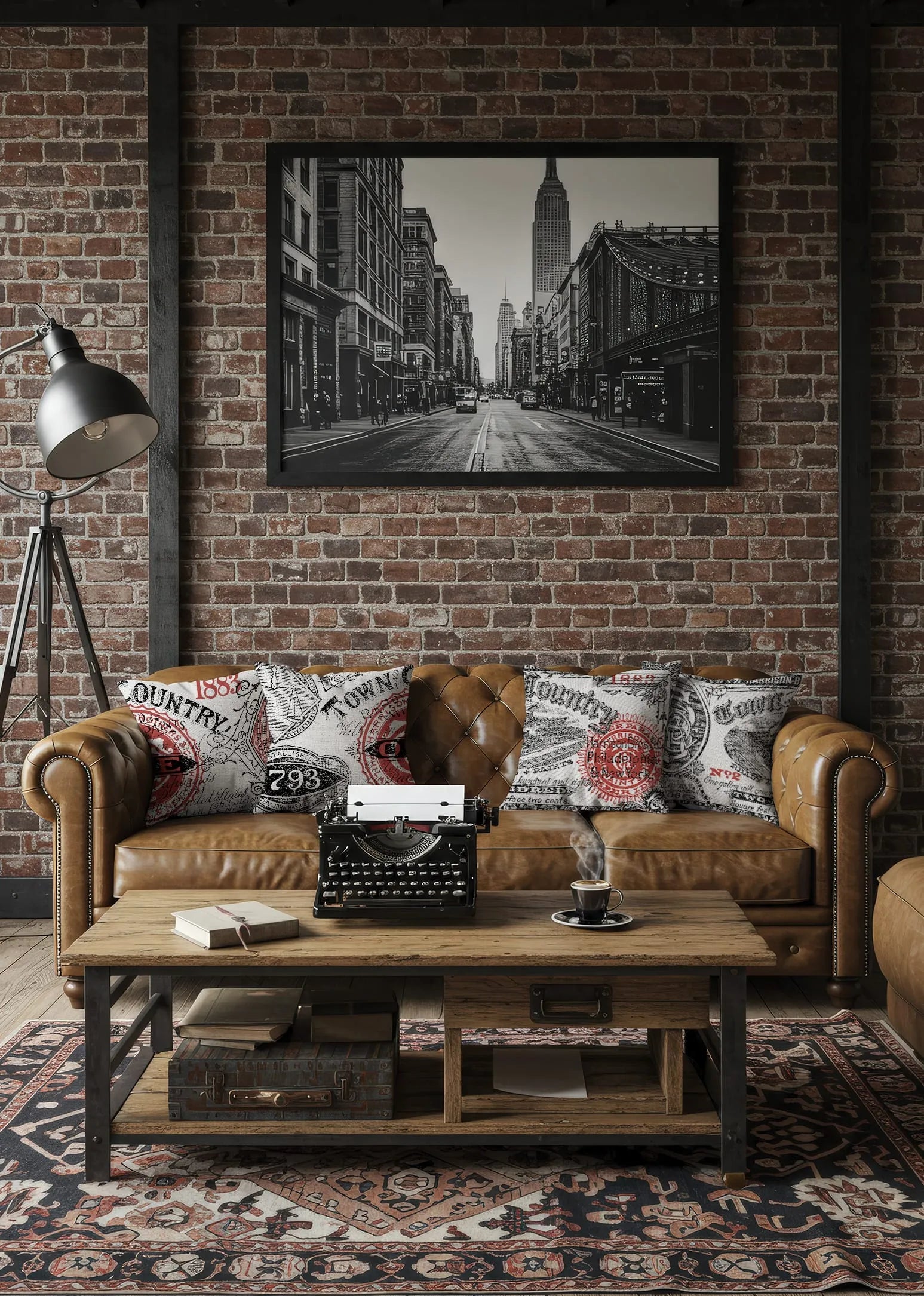 Industrial-style living room with leather Chesterfield sofa, vintage graphic Buffalo Bunny pillows, typewriter on rustic coffee table, and black-and-white cityscape wall art.