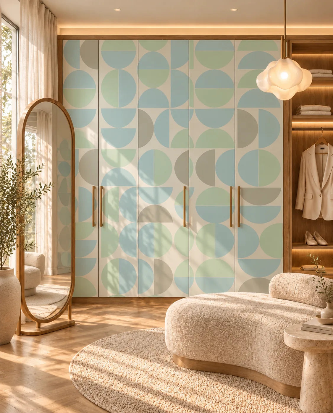 Soft Arc Grid wallpaper covering wardrobe doors with pastel blue, green, and gray semicircle grid motifs