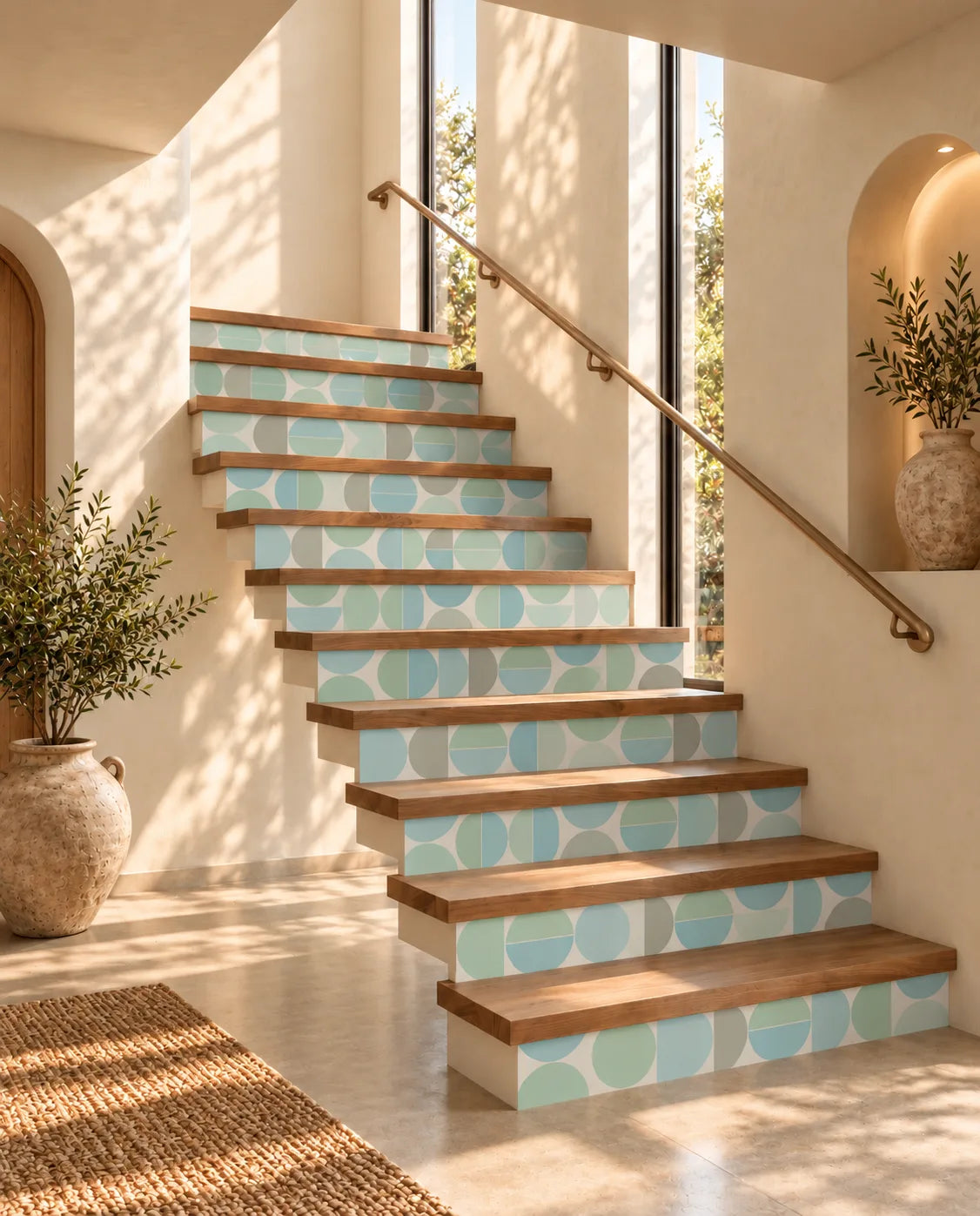 Soft Arc Grid wallpaper lining stair risers with blue and green geometric arcs in a sunlit staircase