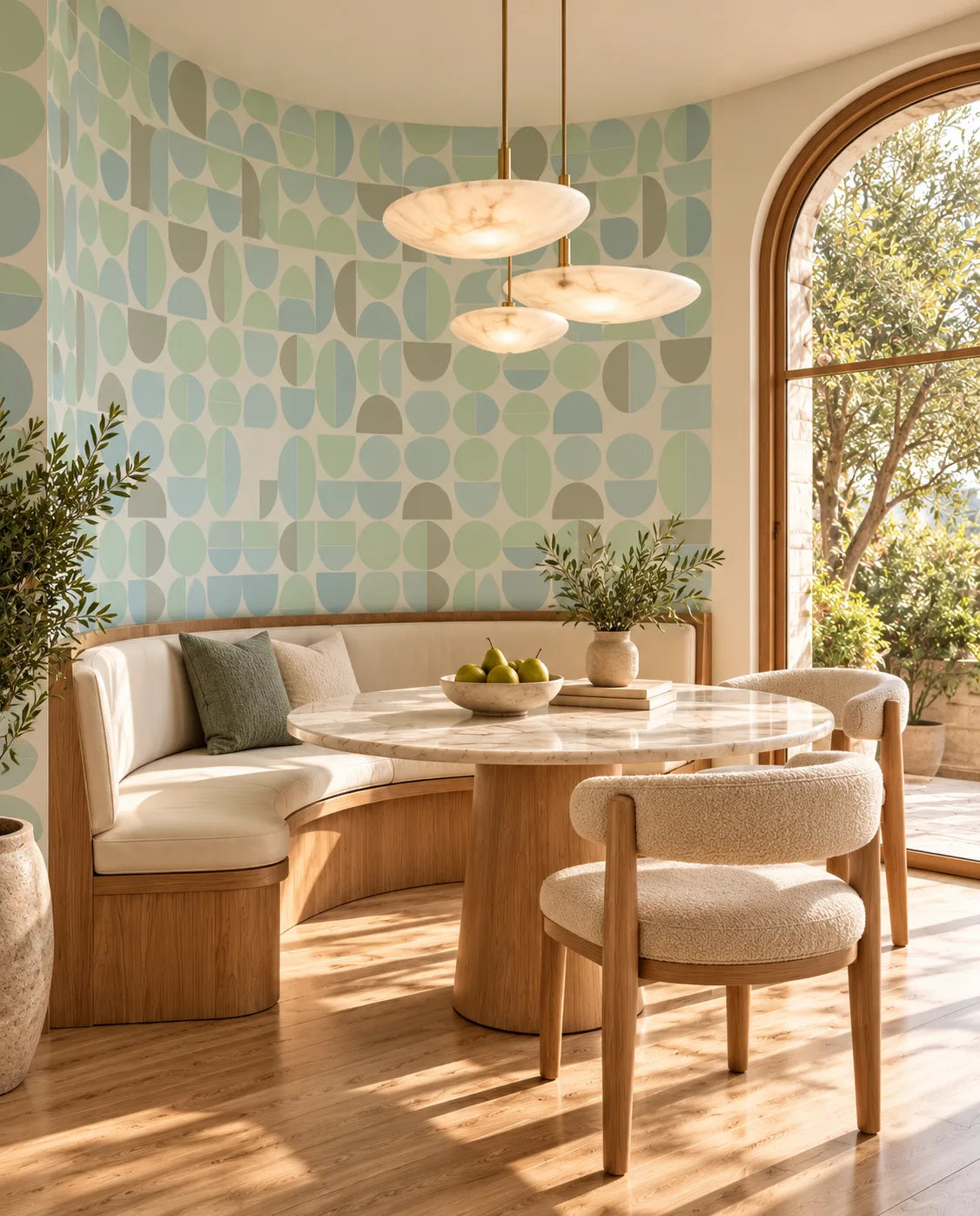 Soft Arc Grid wallpaper with mint, sage, and blue arcs behind a curved wood banquette and marble table