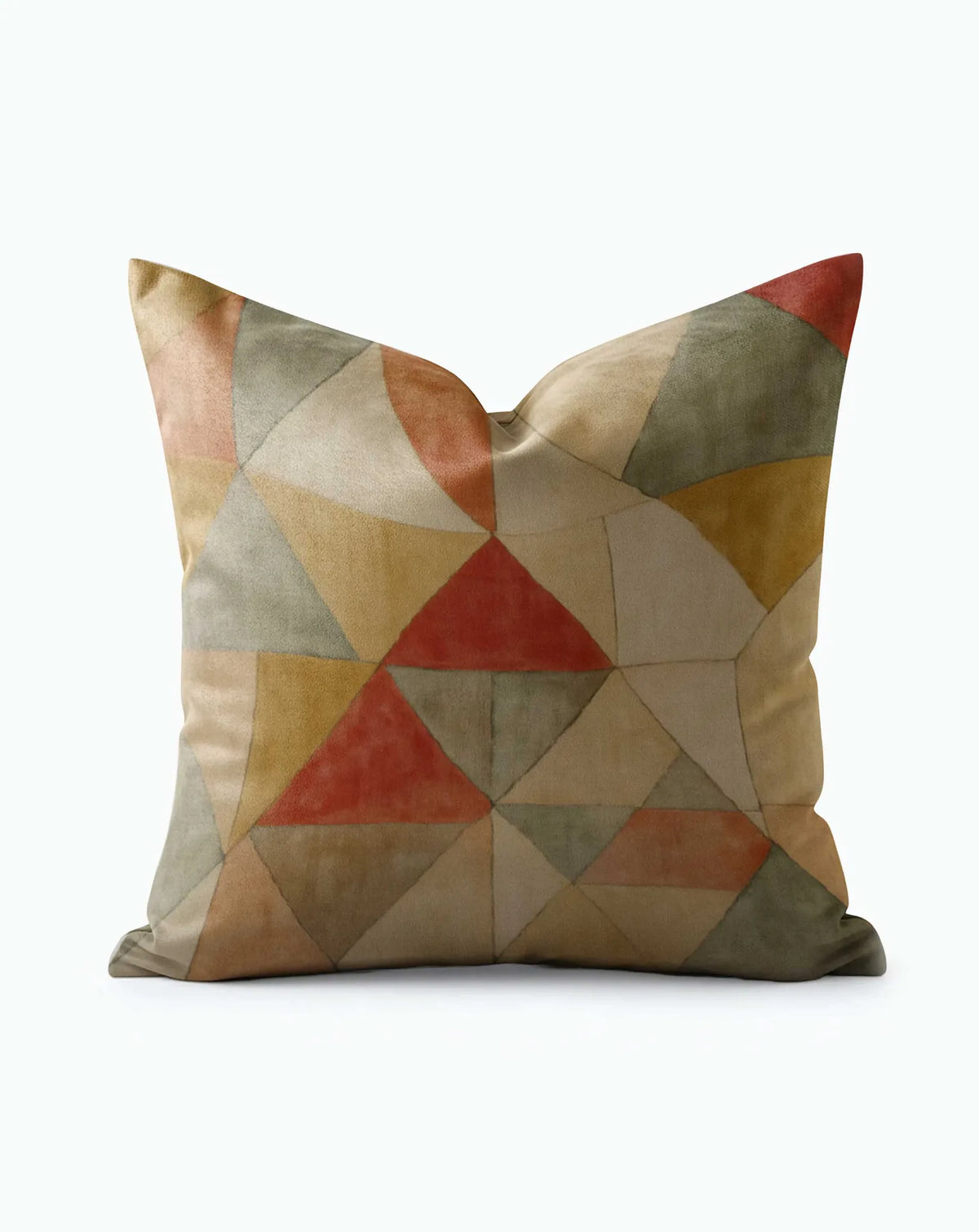 Terra Forma Throw Pillow with earthy geometric triangles in terracotta, sage, and gold