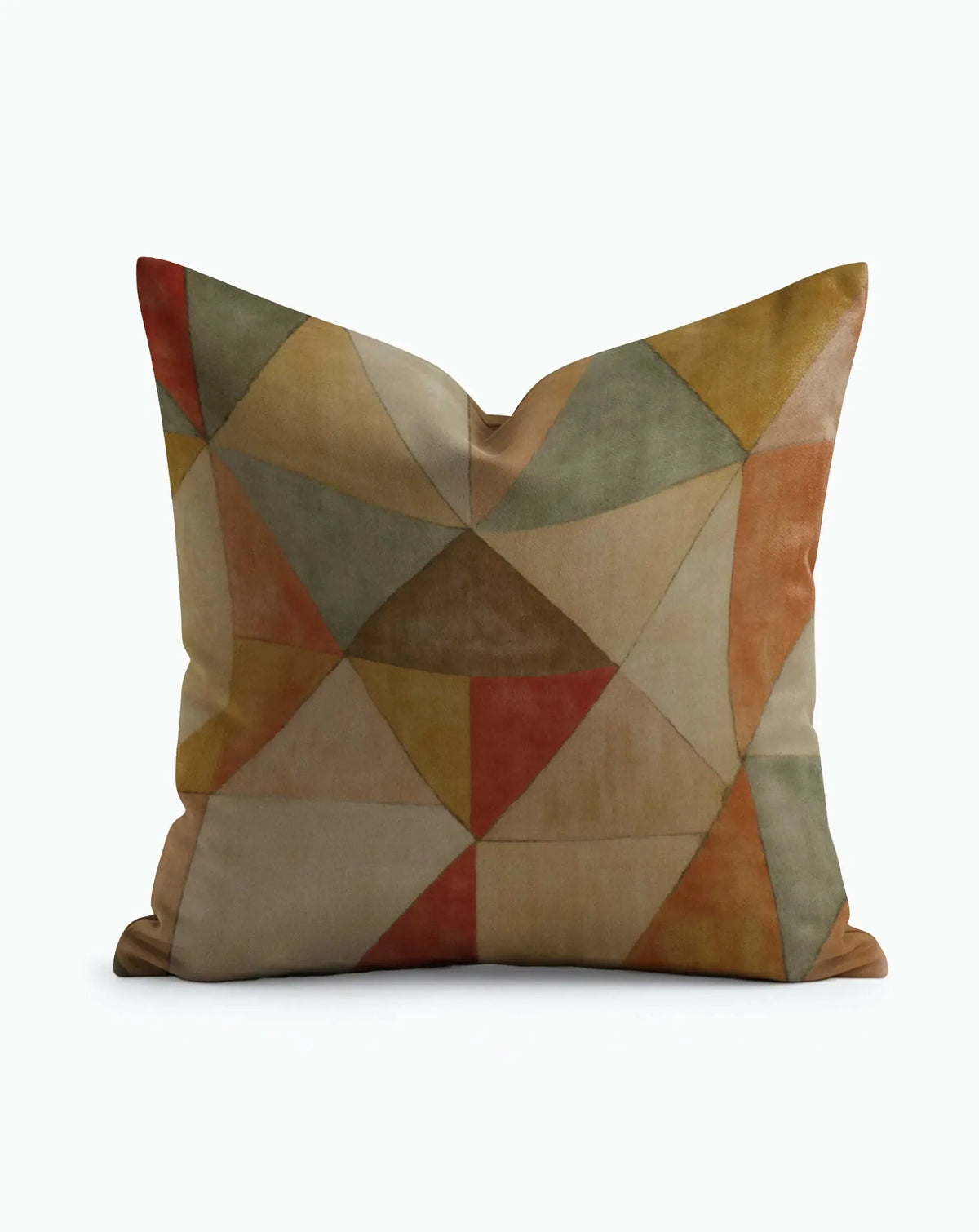 Terra Forma Throw Pillow with earthy geometric triangles in terracotta, sage, and golden tan