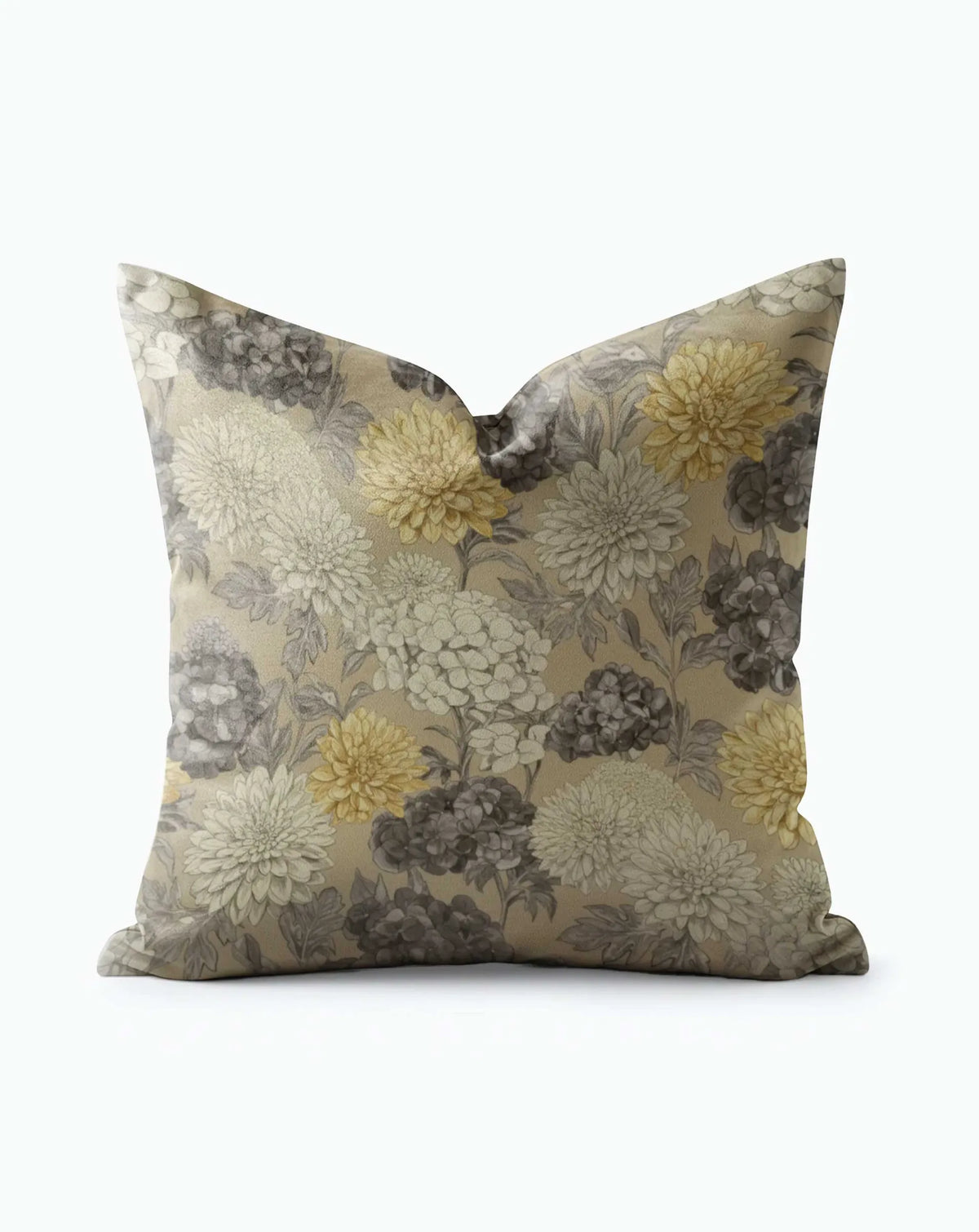 Vintage-Inspired Floral Throw Pillow with gold, cream, and charcoal chrysanthemums on a warm taupe ground